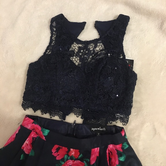 Sequin Hearts Navy Blue Floral Prom Dress - Picture 4 of 7